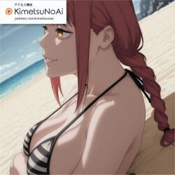 ai_generated beach bikini chainsaw_man clothes makima makima_(chainsaw_man) patreon_link patreon_logo patreon_url patreon_username red red_hair solo solo_focus yellow_eyes