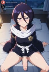 1futa ai_generated balls bedroom big_penis bleach blush clothed cock dickgirl foreskin futa_only futanari high-angle_view huge_cock indoors kuchiki_rukia light-skinned_futanari light_skin looking_at_viewer medium_breasts on_bed penis purple_eyes purple_hair roxygtf short_hair sitting smug solo sweat sweating sweaty_body