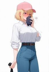 1boy 1girls ai_generated baseball_cap blonde_hair blush breasts cha_hae_in english_text female female_pervert heart horny horny_female jeans pervert purple_eyes shirt short_hair smelling smelling_underwear sniffing sniffing_clothes solo solo_leveling sweat text_bubble