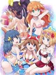 big_ass big_breasts bikini blonde_hair blue_eyes dawn_(pokemon) female female_focus female_only flower flower_in_hair green_eyes ice_cream iris_(pokemon) kasumi_(pokemon) kasumi_(pokemon) long_hair looking_at_viewer may_(pokemon) milotic multiple_girls necklacr nintendo peace_sign pokemon pokemon_anime ponytail seashell_bra serena_(pokemon) short_hair sunglasses sunglasses_on_head swimsuit water watermelon