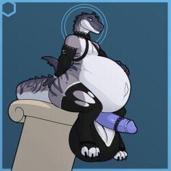 2026 accessory anthro armwear balls bastiel big_balls big_penis black_clothing black_legwear black_thigh_highs blue_penis choker clothing column digital_drawing_(artwork) digital_media_(artwork) dinosaur english_description erection frilly frilly_accessory genitals grey_body hand_on_own_belly hi_res huge_balls huge_penis humanoid_genitalia humanoid_hands humanoid_penis hyper hyper_balls hyper_genitalia hyper_penis hyper_pregnancy jewelry legwear looking_at_viewer male mayternity mayternity_2026 navel necklace outie_navel penis pregnant pregnant_anthro pregnant_male prehistoric_species reptile scalie sitting solo tail thigh_highs torn_armwear torn_clothing torn_thigh_highs white_body
