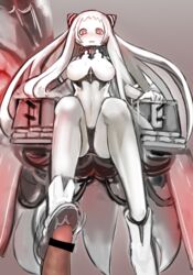 airfield_hime blush boots breasts censored female footjob horns kantai_collection long_hair looking_at_viewer medium_breasts open_mouth pale_skin penis red_eyes shinkaisei-kan sitting solo_focus taji_(crowview) tears very_long_hair white_hair