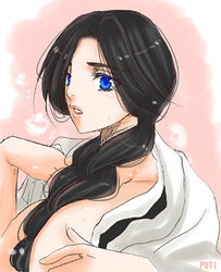 bleach blue_eyes braid breasts cleavage code-k front_ponytail hair_between_breasts huge_breasts lowres puchi_(code-k) single_braid unohana_retsu