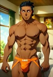 abs ai_generated biceps black_hair blush dark-skinned_male en'en_no_shouboutai enen_no_shouboutai fire_force gay jockstrap jockstrap_only looking_at_viewer male male_only muscular muscular_male nude_male ogun_montgomery orange_eyes smile toned_body toned_male twall97