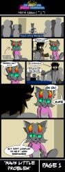 cat_ears cat_tail catboy comic comic_page comic_strip demon demon_horns femboy frat_boy frat_house fraternity furry furry_femboy green_sclera hoodie mrartist2005 nervous nervous_smile shorts thighhighs