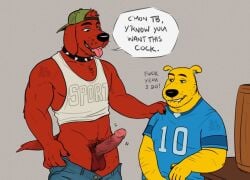 2boys 5_fingers anthro anthro_on_anthro anthro_only anthrofied arm_hair artist_request backwards_baseball_cap backwards_cap backwards_hat barrel baseball_cap biting_lip biting_own_lip canine cap caressing_shoulders chubby chubby_male circumcised claws clifford_(red_dog) clifford_the_big_red_dog clothing cock_out consensual crop_top croptop dialogue dickarmdaryl_(artist) dog dog_humanoid domestic_dog ear_piercing ear_ring eye_contact facial_hair flirting flirty floppy_ears furry furry_male furry_only gay grabbing_penis hairy_arms hairy_balls hand_on_shoulder hat human_penis humanoid_penis imminent_sex male male_anthro male_only males_only muscles muscular muscular_male no_humans no_penetration no_sex panting piercing red_body red_fur red_hair red_penis t-bone_(clifford_the_big_red_dog) table tanktop teeth_clenched tongue tongue_out unzipped_pants veiny_penis whiskers yaoi yellow_body yellow_fur yiff