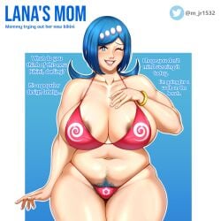 blue_eyes breasts curvy female highres huge_breasts huge_nipples lana's_mother_(pokemon) m_jr1532 plump pokemon pokemon_sm pubic_hair short_hair smile standing