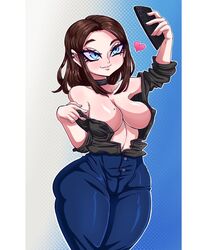 blue_eyes brown_hair cleavage female izfan_art mascot open_shirt samsung samsung_sam selfie solo