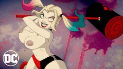 1girls accurate_art_style big_breasts breasts busty choker clothing dc edit female female_only footwear grey_nipples hammer handwear harley_quinn harley_quinn_(series) mallet nipples pale-skinned_female pale_skin red_lips red_lipstick screenshot_edit solo warner_brothers weapon