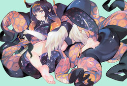 aqua_background bangs barefoot black_gloves blue_eyes book closed_mouth feet female gloves grandia_lee grandialee halo highres holding holding_book hololive hololive_english hololive_myth long_hair looking_at_viewer low_wings lying monster_girl ninomae_ina'nis on_stomach pointy_ears purple_hair soles solo tentacle tentacle_hair toes virtual_youtuber wings