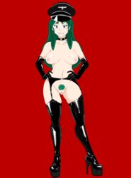 1girls artist_request breasts bush fangs female full_body gloves green_hair hand_on_hip hat heels horns humanoid large_breasts latex long_hair lum nipples oni oni_female oni_girl pale-skinned_female pale_skin pointy_ears princess pubic_hair pussy red_background smug solo standing urusei_yatsura