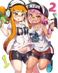 2girls anthro cephalopod cephalopod_humanoid erect_nipples erect_nipples_under_clothes female female_only horny humanoid inkling inkling_girl kaori_(splatoon) mask_(marking) multiple_girls nintendo nipple_bulge nipples pengin_maru pointy_ears splatoon splatoon_2 splattershot squid surume_(splatoon) tentacle tentacle_hair