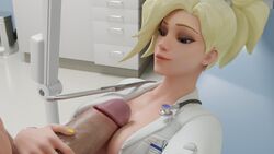 3d big_breasts blizzard_entertainment blonde blonde_female blonde_hair boobjob boobs breasts doctor doctor_on_patient exposed_breasts exposed_nipples female hand_on_penis happy hospital huge_cock huge_penis lab_coat looking_at_penis mable_3dx male mercy overwatch sitting smile titfuck tits unprofessional_behavior yellow_hair