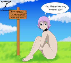 1boy androgynous black_eyes collar completely_naked completely_nude crona_(soul_eater) cute feet feminine_male field goth grey_skin looking_at_viewer meadow naked nude pale_skin pink_hair sitting sitting_down slave slave_collar soul_eater sunny