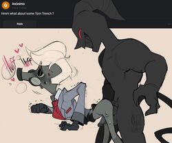 2boys anal anal_sex ass balls bent_over blush bottomless calazotauvu clenched_hand demon doggy_style erect_penis erection from_behind gas_mask hand_on_waist hazbin_hotel looking_down looking_pleasured male male_only male_penetrated male_penetrating muscular_male penis red_eyes sharp_teeth smile smiling smooth_skin suit sweat thighs tom_trench trembling vivienne_medrano well_well_well whale_whale_whale white_hair yaoi