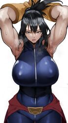 abs_visible_through_clothing armpits arms_above_head arms_up big_breasts black_hair bodysuit lifting_arms long_hair mole mole_under_mouth muscular muscular_female my_hero_academia nana_shimura skin_tight skindentation steam steaming_body sweat sweatdrop sweaty sweaty_armpits yoshi55level zipper