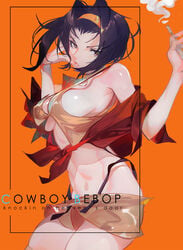 1girls absurdres breasts cigarette copyright_name cowboy_bebop faye_valentine female grandia_lee grandialee hairband highres huge_breasts human large_breasts medium_breasts midriff navel orange_background pale-skinned_female pale_skin purple_hair short_hair short_shorts shorts sideboob smoking solo strap_gap thighhighs thighs underboob yellow_hairband yellow_shorts