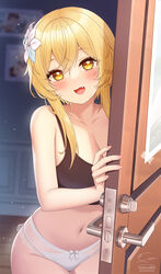 1girls blonde_hair blush bra cleavage door fukuro_ko_(greentea) genshin_impact lumine_(genshin_impact) open_mouth panties smiling yellow_eyes