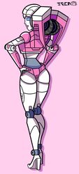 1girls arcee arcee_(g1) artist_logo artist_name artist_request ass back back_view blue_eyes female female_only heeled_feet high_heels looking_at_viewer looking_back pink_background rear_view robot robot_girl simple_background solo solo_female tagme_(artist) transformers transformers_g1