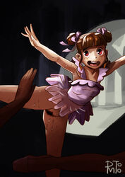 ballerina ballet ballet_slippers blush bottomless bottomless_skirt brown_hair darkmetoo embarrassed no_panties pubic_hair pussy red_eyes see-through see-through_clothing sweat sweating tutu