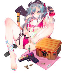 absurdres ass bare_legs barefoot blue_eyes blue_hair blue_nails bra clothes_pull counter-strike:_global_offensive counter-strike_(series) eyewear_on_head feet female full_body goggles goggles_on_head grandia_lee grandialee highres long_hair nail_polish no_shoes original panties soles toenail_polish toenails toes underwear valve