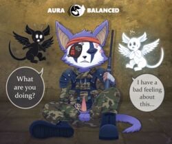 1boy ambiguous_sex angel anthro armor balls biomutant clothed clothing dark_(biomutant) demon english_text eye_patch eyewear fluffy_balls fur genitals group gun hi_res light_(biomutant) male mammal multicolored_body multicolored_skin penis primal_(biomutant) procyonid raccoon ranged_weapon tapering_penis text vavacung weapon