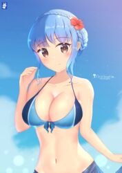 1girls alternate_costume bare_shoulders bikini blue_bikini blue_hair blue_swimsuit brown_eyes chinchongcha cleavage collarbone fire_emblem fire_emblem:_three_houses flower hair_flower large_breasts light_blue_hair looking_at_viewer marianne_von_edmund medium_hair nintendo sarong smile solo solo_female swimsuit upper_body