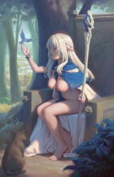 barefoot big_breasts bigrbear breasts breasts_out casual_exposure casual_nudity detailed detailed_background elf elf_ears elf_female feet forest outside painting_(artwork) pointy_ears white_hair wizard_staff