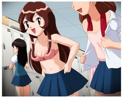 3girls black_hair bra brown_eyes brown_hair giselle_(pokemon) lingerie lipstick locker_room looking_at_another midriff miniskirt navel pokemoa pokemon pokemon_(anime) school_uniform schoolgirl stripping underwear