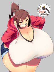 bbw big_breasts breasts brown_hair chubby cleavage clothing fat grinning hoodie huge_breasts hyper hyper_breasts large_breasts overweight overweight_female ponytail short_hair shorts smug solo solo_female speech_bubble squarewave thick_thighs thighs