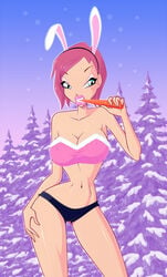 1girls big_breasts blue_eyes breasts bunnysuit busty cameltoe carrot cleavage covered_nipples erect_nipples eyeshadow female forest human jpeg large_breasts legs lips lipstick looking_at_viewer makeup mascara nipple_bulge partially_clothed pink_hair pink_top rainbow_(animation_studio) short_hair solo tagme tecna tecna_(winx_club) teenager thighs thin_waist voluptuous winx_club zfive