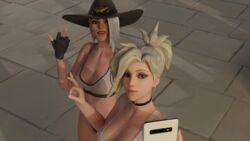 2girls 3d angela_ziegler ashe_(overwatch) big_breasts blender breasts cellphone cowboy_hat elizabeth_caledonia_ashe female female_only fisherman gloves ilios_(map) mercy middle_finger overwatch overwatch_2 pose posing selfie thong