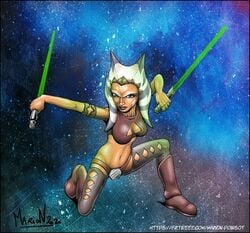 1girls ahsoka_tano angry big_breasts blue_eyes breasts cleavage clone_wars clothed clothing curvy female_focus female_only hips looking_at_viewer marionpoinsot34 navel revealing_clothes simple_background solo spread_legs star_wars text the_clone_wars:_season_four watermark