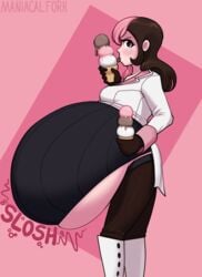 1girls angry bbw big_belly blush blushing brown_eyes brown_hair clothed clothing eating fat female female_focus female_only food huge_belly hyper hyper_belly ice_cream licking long_hair looking_at_viewer maniacalfork neo_(rwby) onomatopoeia pink_background pink_hair rwby simple_background small_breasts tight_clothing tongue tongue_out watermark weight_gain