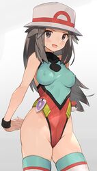 1girls adapted_costume belt blush breasts cowboy_shot cute embarrassed erect_nipples erect_nipples_under_clothes eye_contact female female_only grey_eyes grey_hair hat headwear hi_res high_resolution highleg highleg_leotard highres hourglass_figure human leaf_(pokemon) legwear leotard long_hair looking_at_viewer medium_breasts nintendo nipple_bulge nipples open_mouth poke_ball pokemon pokemon_frlg pokemon_lgpe pose simple_background solo spring2013 standing thick_thighs thighs thin_waist tight_clothing tongue very_high_resolution vs_seeker waist_poke_ball white_headwear wide_hips