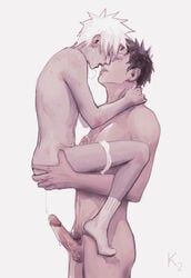 2boys after_anal after_sex age_difference aged_up artist_request black_hair blush cum cum_trail cumdrip duo duo_focus gay hatake_kakashi height_difference legwear looking_at_another looking_at_partner male/male multiple_boys naruto naruto_(series) naruto_shippuden older_male panties panties_around_one_leg penis precum rinnegan side_view silver_hair size_difference socks uchiha_obito yaoi younger_male