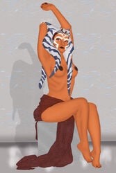 1girls ahsoka_tano blue_eyes captnjaz clothing female_focus female_only half-dressed hi_res looking_at_viewer pose revealing_clothes simple_background skinny solo star_wars star_wars_rebels watermark