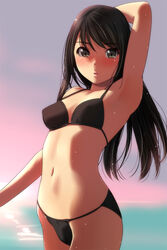 1girls armpits beach bikini black_bikini black_eyes black_hair blush brown_eyes brown_hair cute female kouyouwp long_hair sunset teenager