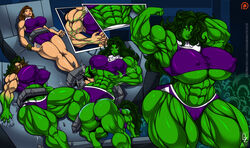 1girls abs ass big_breasts big_muscles big_thighs breast_expansion busty comic expansion extreme_muscles female female_only flexing flexing_bicep giant_breasts green_body green_eyes green_hair green_skin hair_over_one_eye huge_breasts huge_muscles huge_thighs hulk_(series) hulked_out hulking_out jennifer_walters long_hair looking_at_viewer marvel marvel_comics muscle_growth muscles muscular muscular_female muscular_thighs nipple_bulge osmar-shotgun panties pokies she-hulk solo the_incredible_hulk_(1996_tv_series) thick_thighs thighs thong transformation transformation_sequence underboob