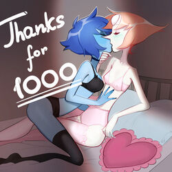 2girls black_lingerie blue_hair blue_skin blush chin_rest closed_eyes female kissing lapis_lazuli_(steven_universe) lesbian_kiss lingerie makeup medium_breasts multiple_girls pale_skin peach_hair pearl_(steven_universe) pink_lingerie small_breasts smokyholes steven_universe text thighhighs yuri