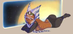 1girls ahsoka_tano ass big_ass blue_eyes breasts curvy female_focus female_only h-picaso half-dressed medium_breasts sideboob simple_background smile solo star_wars star_wars_rebels watermark wink