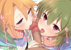 1boy 2girls blush censored collaborative_fellatio dark-skinned_male dark_skin erection eyebrows_visible_through_hair fellatio ffm_threesome green_hair idolmaster idolmaster_cinderella_girls idolmaster_million_live! interracial jacket licking licking_penis light-skinned_female light_skin long_hair looking_at_viewer mosaic_censoring multiple_fellatio multiple_girls nagayoshi_subaru open_clothes open_jacket oral orange_hair penis purple_eyes red_eyes short_hair teamwork threesome tongue tongue_out upper_body yamaguchi_(shinigami-no-barad) yuuki_haru