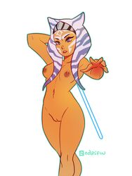 1girls ahsoka_tano big_breasts blue_eyes breasts cleavage curvy female_focus female_only hi_res looking_at_viewer ndasfw nipples nude simple_background solo star_wars star_wars_rebels togruta watermark white_background wide_hips