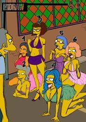 1boy 20th_century_studios accurate_art_style black_hair blue_hair h1draw helen_lovejoy high_heels luann_van_houten manjula_nahasapeemapetilon marge_simpson maude_flanders moe_szyslak multiple_girls the_simpsons yellow_body yellow_skin