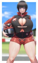 aurahack brown_hair cleavage curvy female gigantic_breasts huge_breasts looking_at_viewer original original_character outdoor popping_out purple_eyes racing_suit short_hair solo tera_(aurahack) thick_thighs