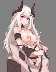 arknights black_choker black_collar blush breasts choker collar commentary dot_mouth eyebrows_visible_through_hair female grey_background hair_ornament highres horns looking_at_viewer medium_breasts midriff mudrock_(arknights) nipples oripathy_lesion_(arknights) pointy_ears red_eyes retri silver_hair simple_background solo stomach topless