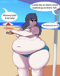 angry beach big_ass big_belly big_butt bikini bikini_bottom bikini_top blue_eyes bra clothing eyebrows_visible_through_hair grey_hair long_hair looking_at_another maniacalfork mole original_character overweight panties small_breasts speech_bubble sunscreen text thick_thighs watermark