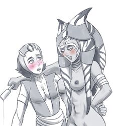 2girls ahsoka_tano barriss_offee big_breasts blush cleavage clothed clothing female_focus female_only monochrome muscular muscular_female nipples nude raikoh-illust revealing_clothes simple_background star_wars star_wars_rebels white_background yuri