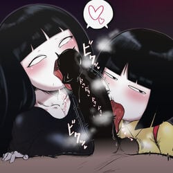 1boy 2girls asian big_breasts black_dress black_hair censored censored_penis collaborative_fellatio dark-skinned_male double_fellatio fellatio female fringe ghost ghost_girl hanako-san hanako-san_ga_kita hanako_(hanako-san_ga_kita) heart hime_cut human kaxiota licking licking_penis male male_human/female_ghost medium_hair mob_face multiple_girls no_pupils oral penis sacchan_(hanako-san_ga_kita) tagme teamwork tongue tongue_out white_skin