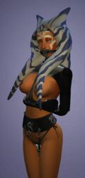 1girls 3d ahsoka_tano big_breasts blue_eyes bondage breasts captnjaz clothed clothing female_focus female_only gag gagged lingerie nipples revealing_clothes simple_background solo star_wars star_wars_rebels